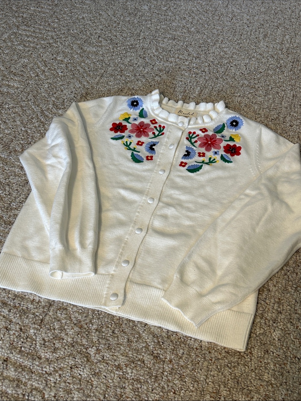 Marled White Floral Embroidered Button-Up Sweater Cardigan Medium - Picture 7 of 10